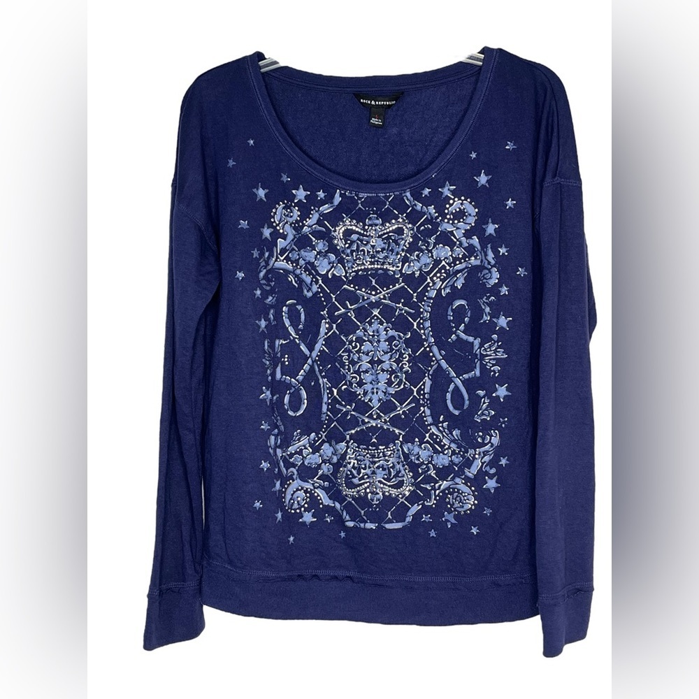 Rock‎ & Republic Studded Distressed Navy Blue Long Sleeve Women's Large Top